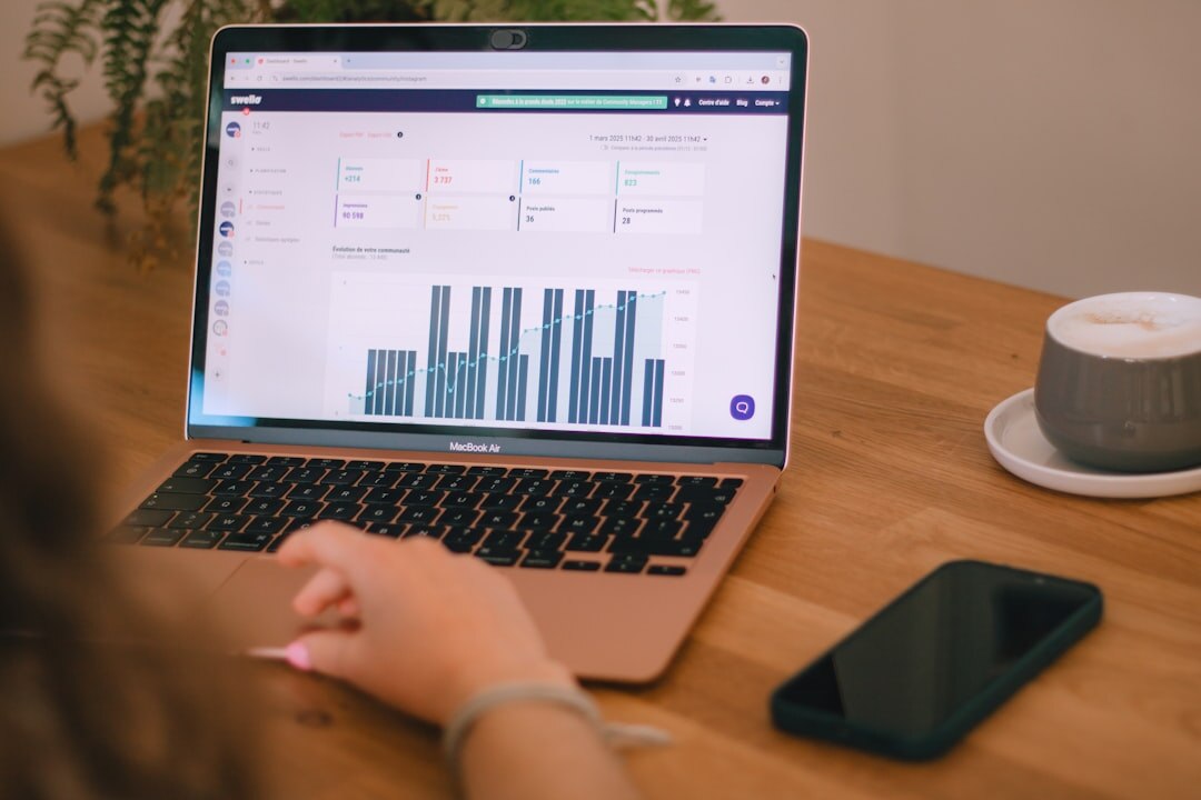 Analytics dashboard on laptop showing social media growth metrics and charts
